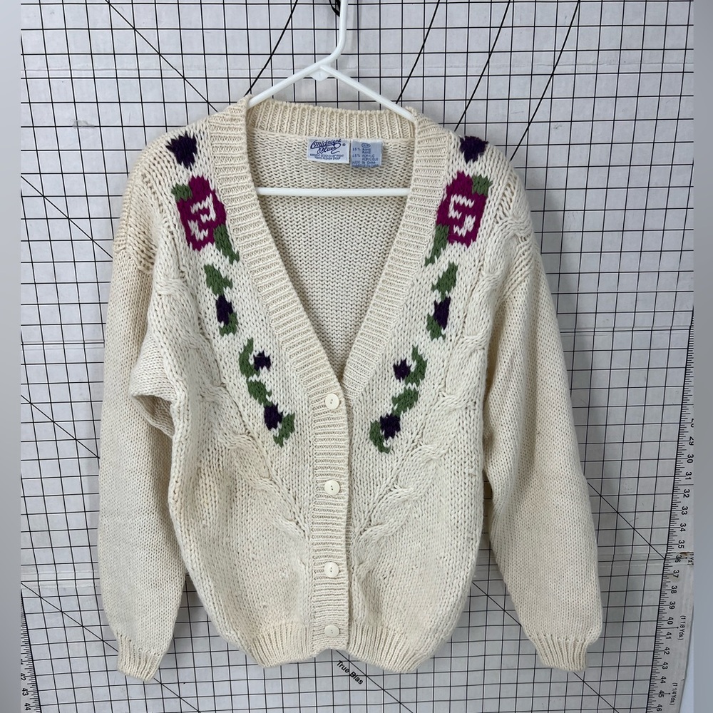 Midnight blues, vintage, granny cottage core cableknit, floral detail cardigan M